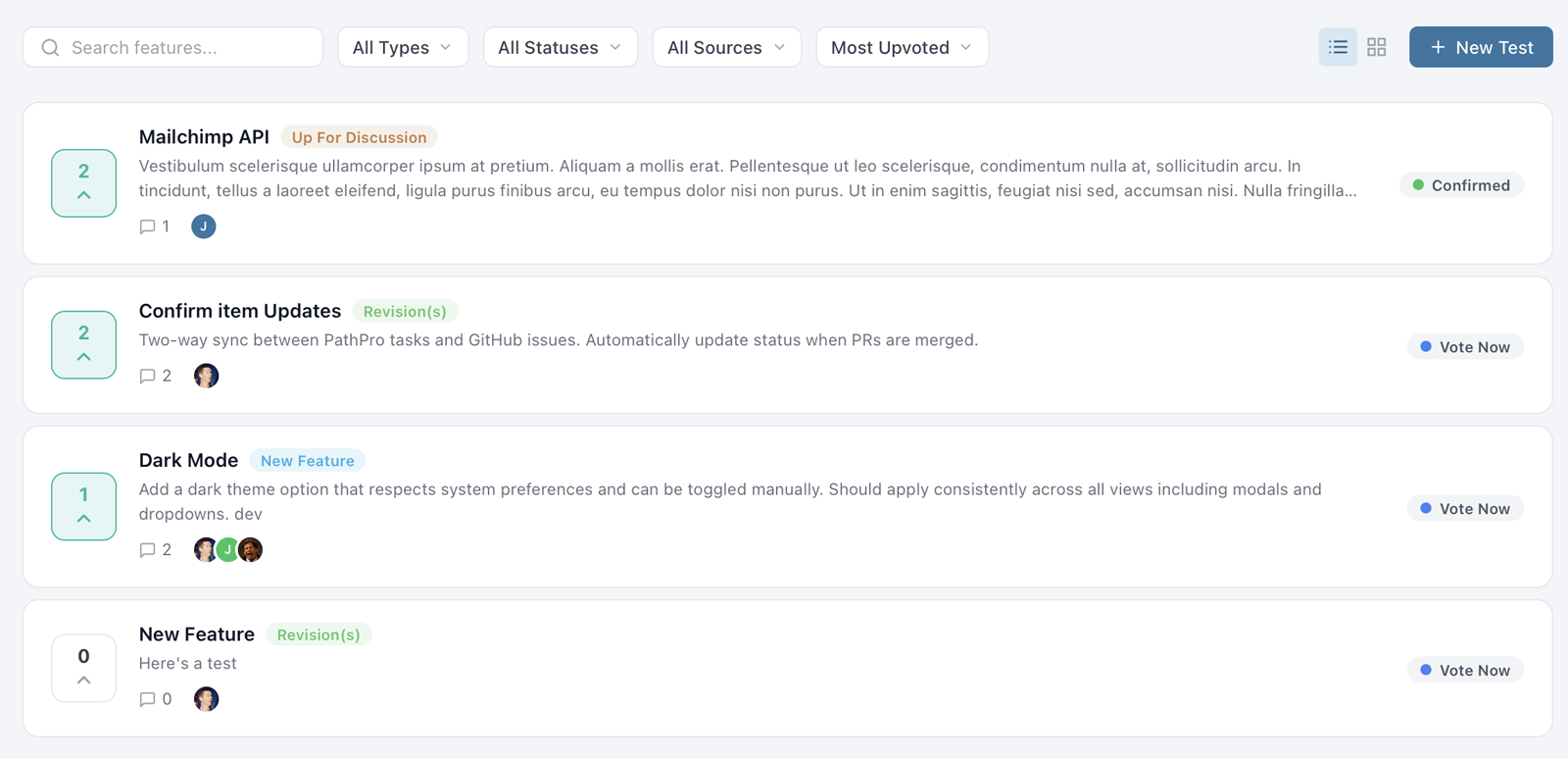 Voting page list view with feature types, vote counts, and group filters